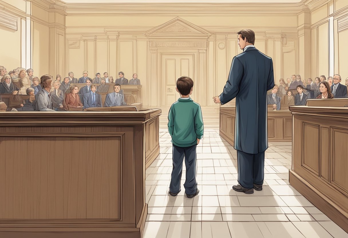 A parent standing before a judge, while a child looks on, representing the legal responsibility of parents towards their children